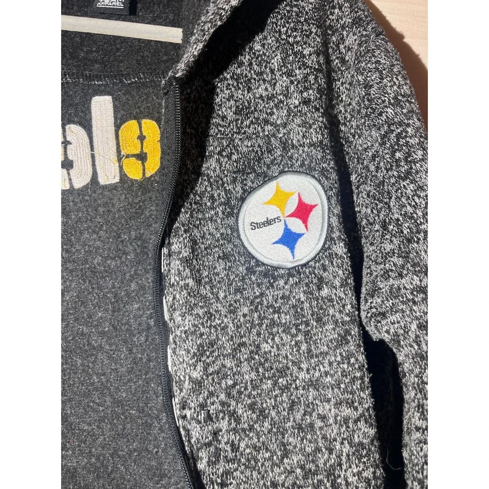 Pittsburgh Steelers NFL Full Zip Up Gray Fleece Lined Hoodie Sweater Size L